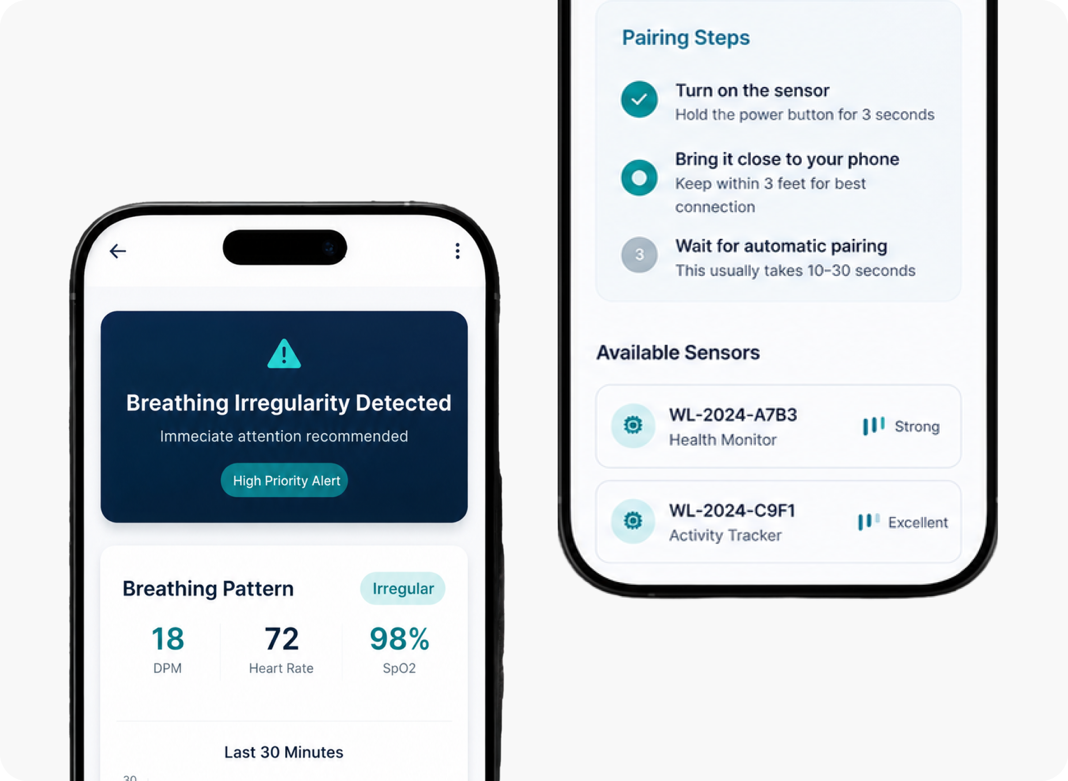 Breathing irregularity alert and sensor pairing steps