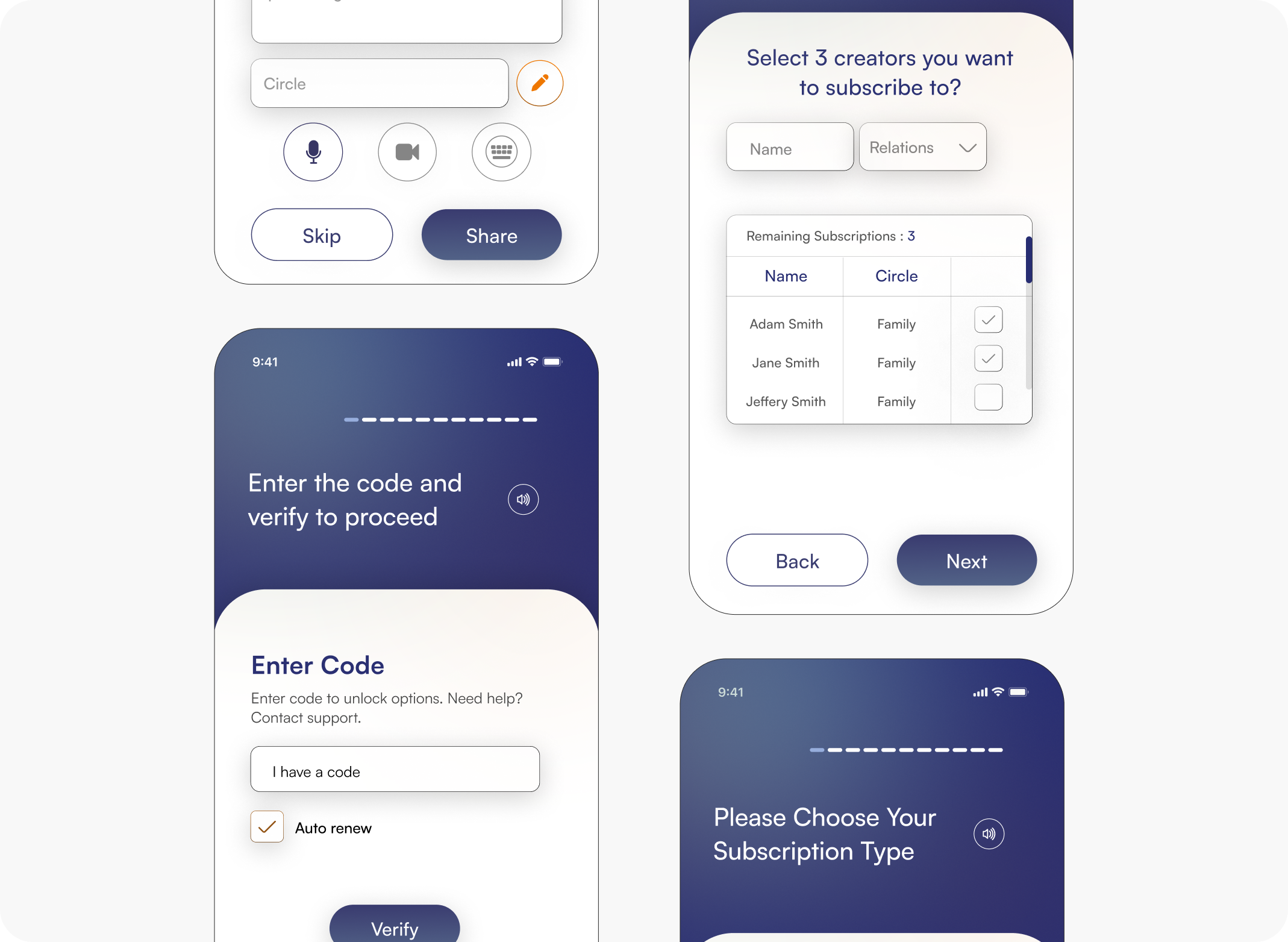 Story recording, subscription and access screens