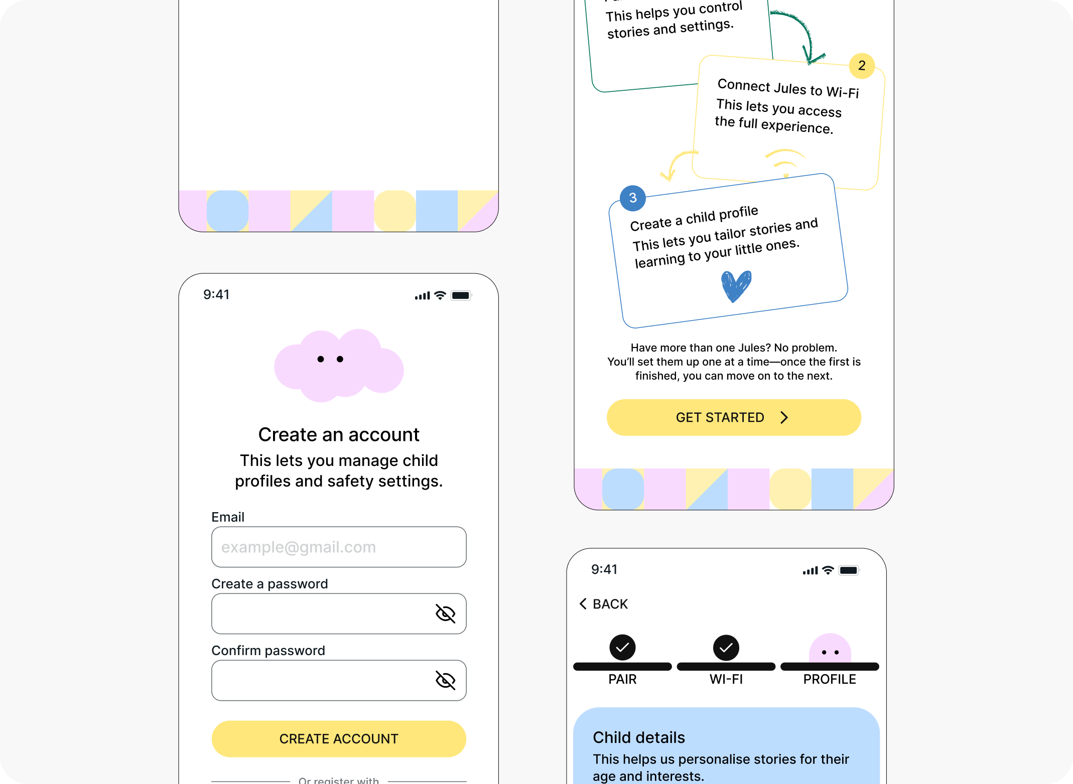Account creation, setup steps and child details screens